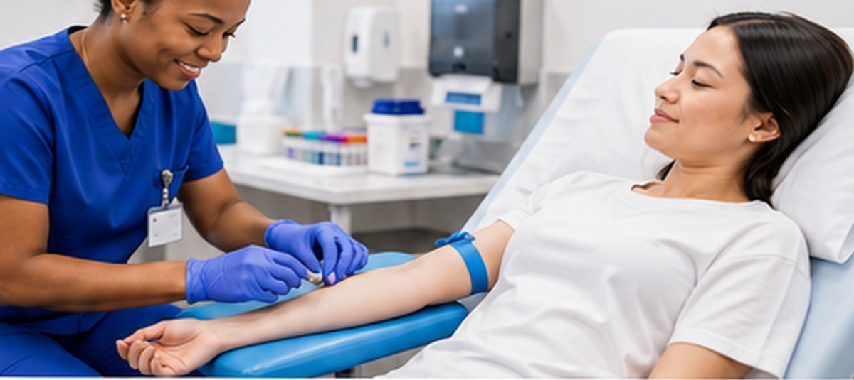 Healthcare professional drawing blood from a patient