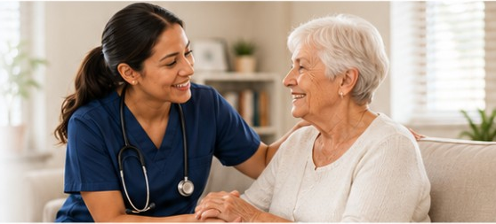 Healthcare professional supporting an older adult